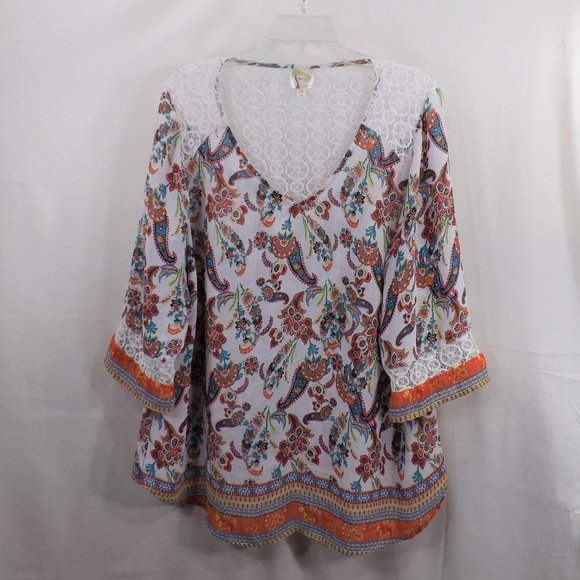 fig and flower Tops - NWOT fig & flower Off White w Mix Print Lace Shoulders Smock Blouse Tunic Top 2X